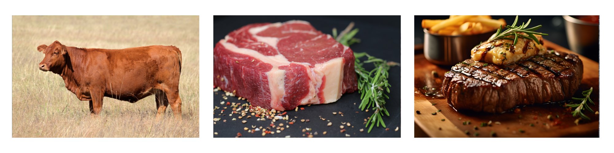 Vom Rind zum Genuss: Ein Rind, ein rohes Teres Major Steak und ein saftig gegartes Teres Major Steak im direkten Vergleich