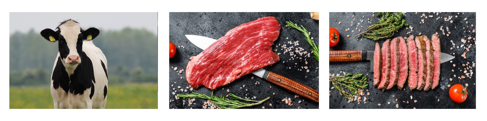 Bavette-Steak (Flank Steak) – ein Rind, ein rohes Bavette aus dem Bauchbereich und ein gegartes Stück mit kräftiger Faserstruktur. Zart, aromatisch und perfekt für Grill oder Pfanne.