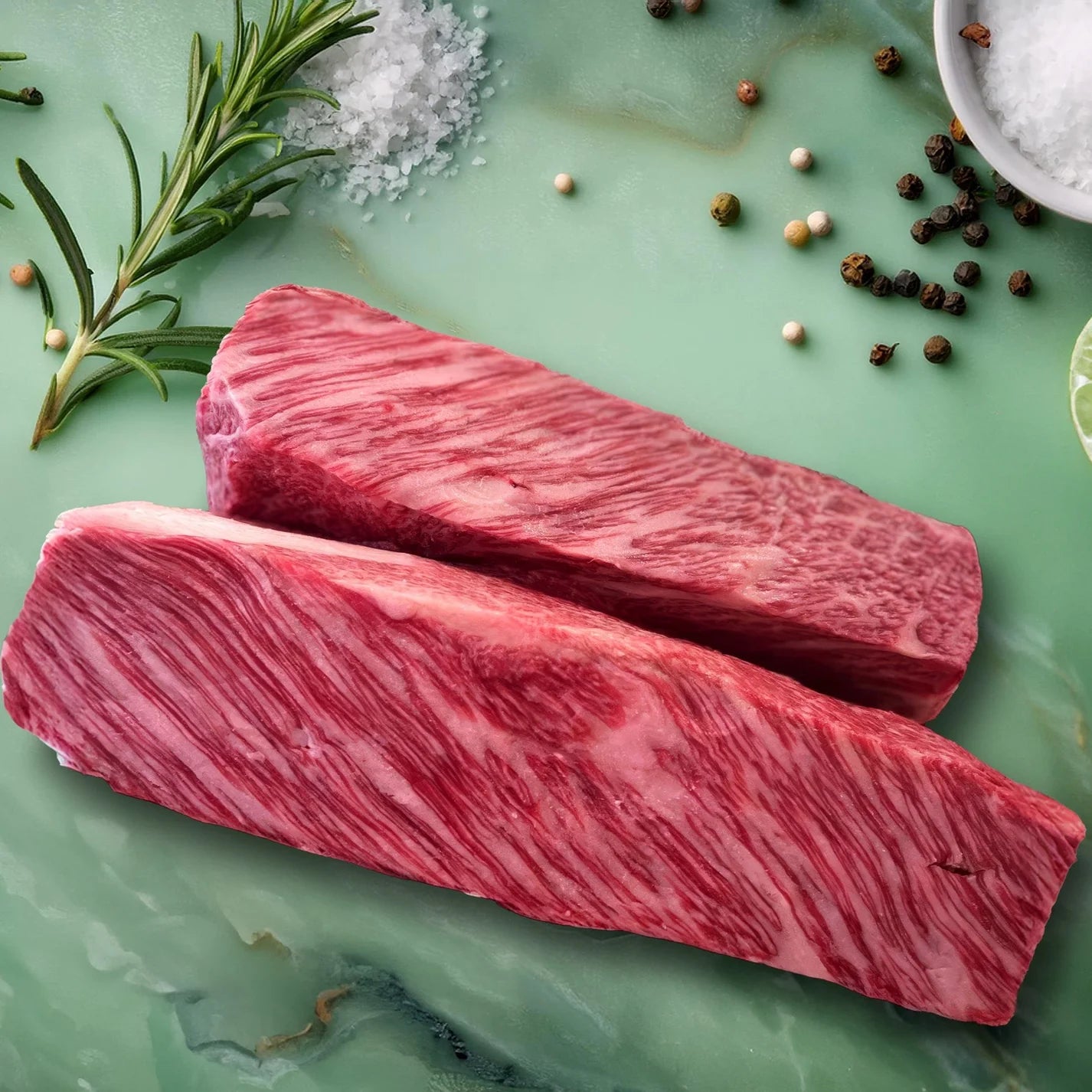 Meat'n'Food fullblood Wagyu Teppanyaki auf grünem Hintergrund